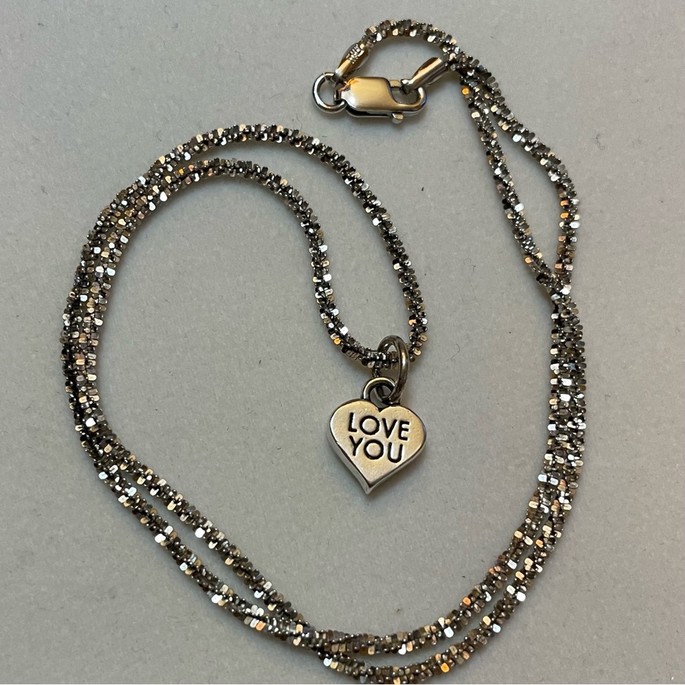 SJC 925 Love You Heart Pendant Choker Necklace w Unique Criss Cross Chain